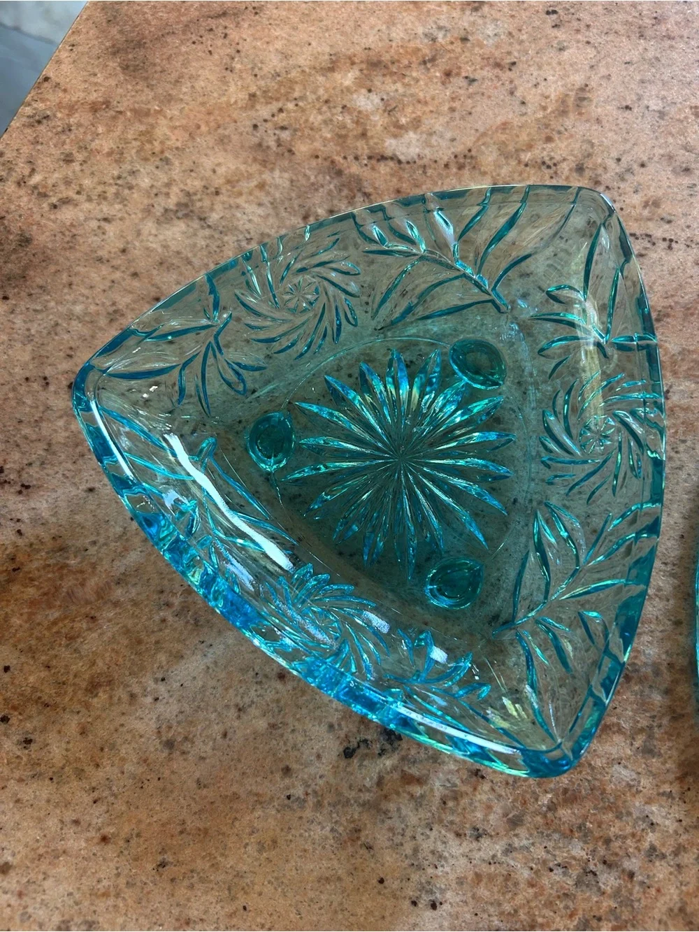 Hazel-Atlas “Capri Blue” Pinwheel Pressed Glass Triangle Covered Dish. MCM 1950